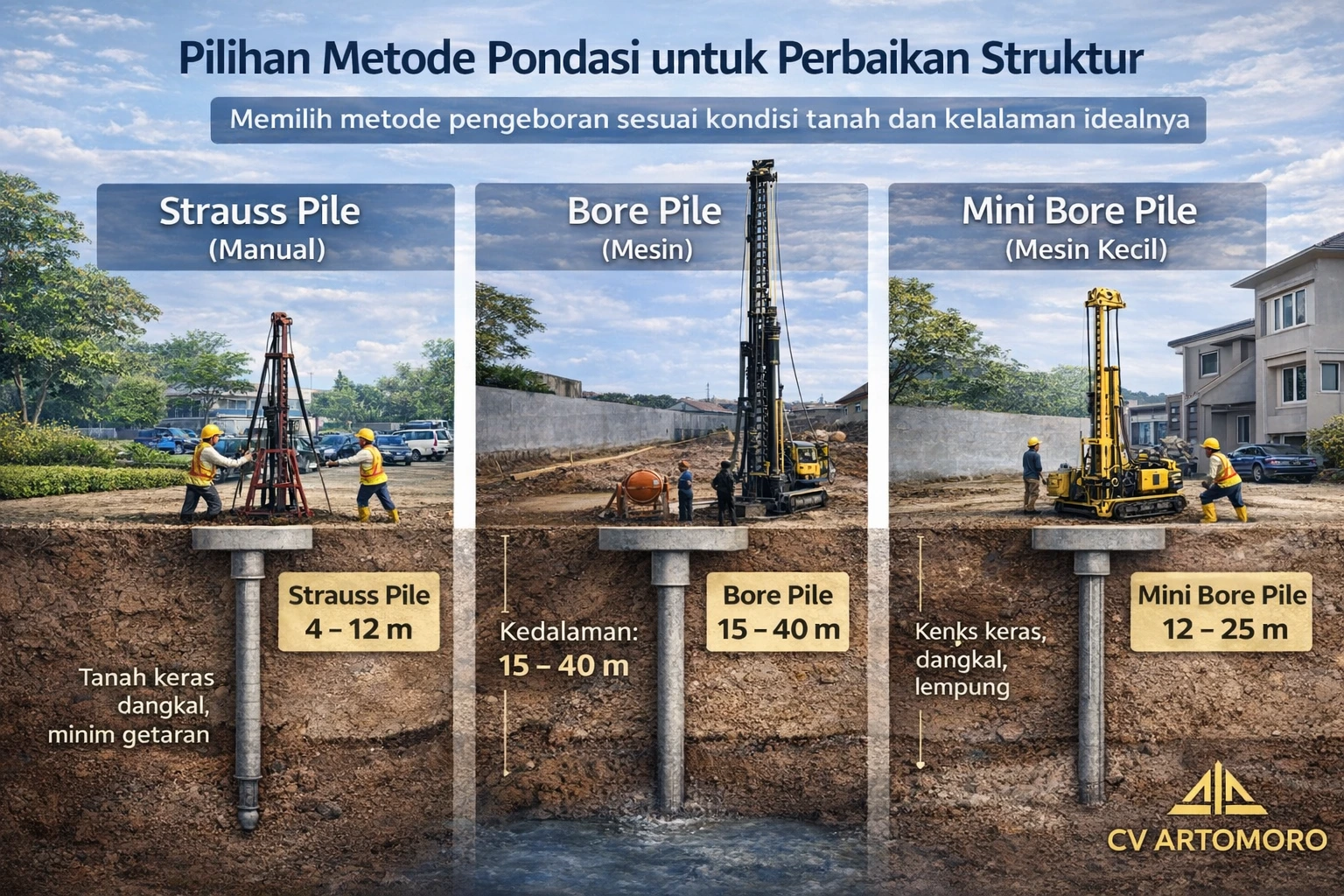 Perbandingan metode pondasi Strauss Pile, Bore Pile, dan Mini Bore Pile untuk perbaikan struktur bangunan