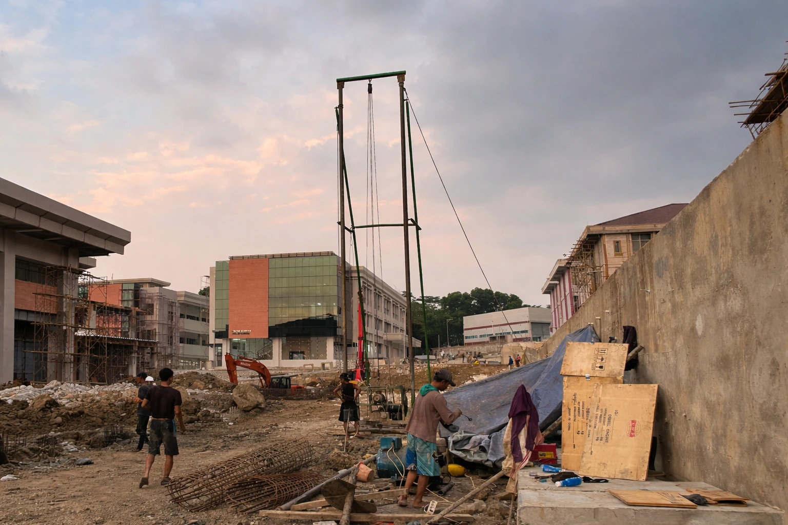 Proses pengerjaan bore pile diameter 50cm untuk pondasi gedung komersial 6 lantai