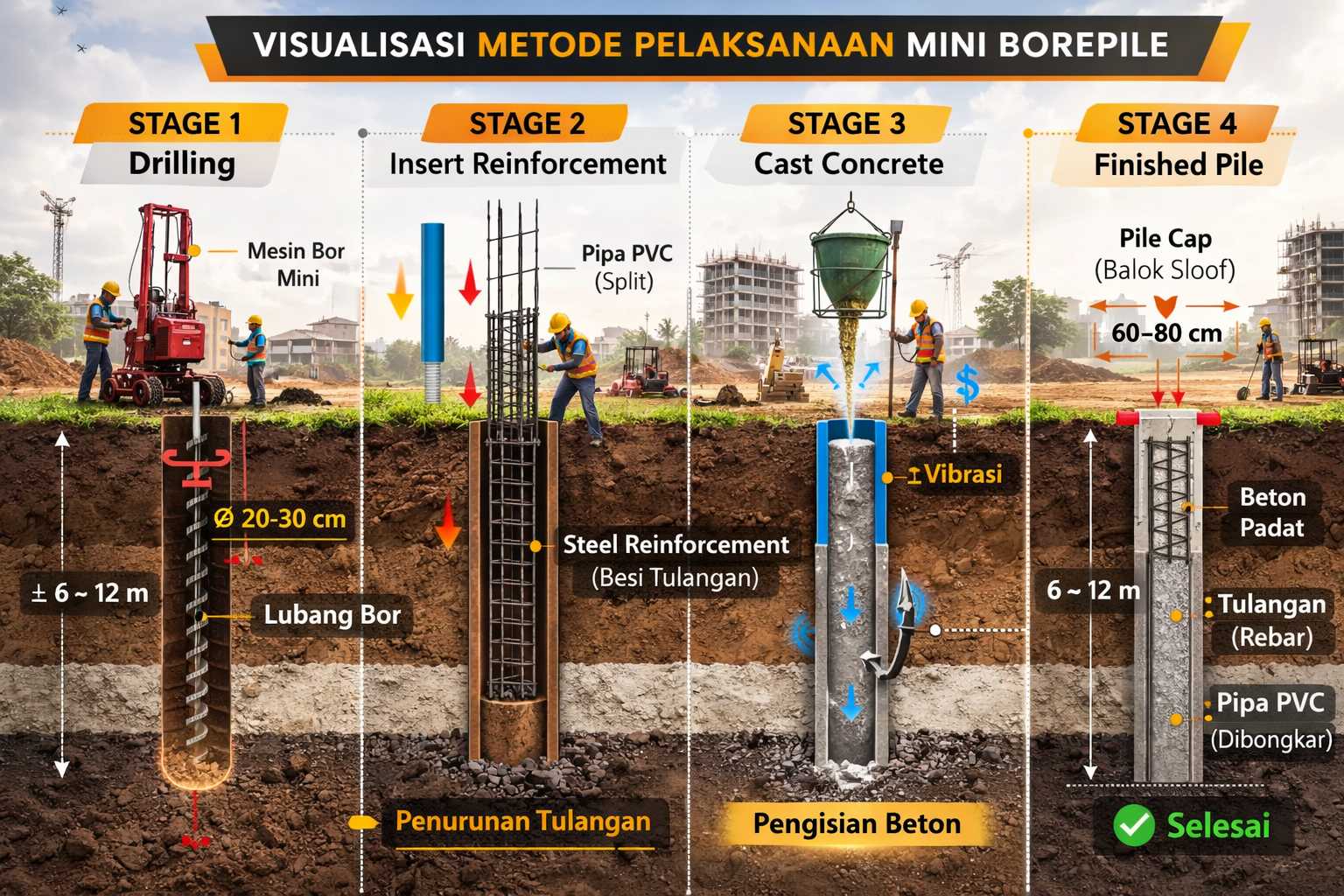 Diagram metode pelaksanaan suntik pondasi mini bore pile